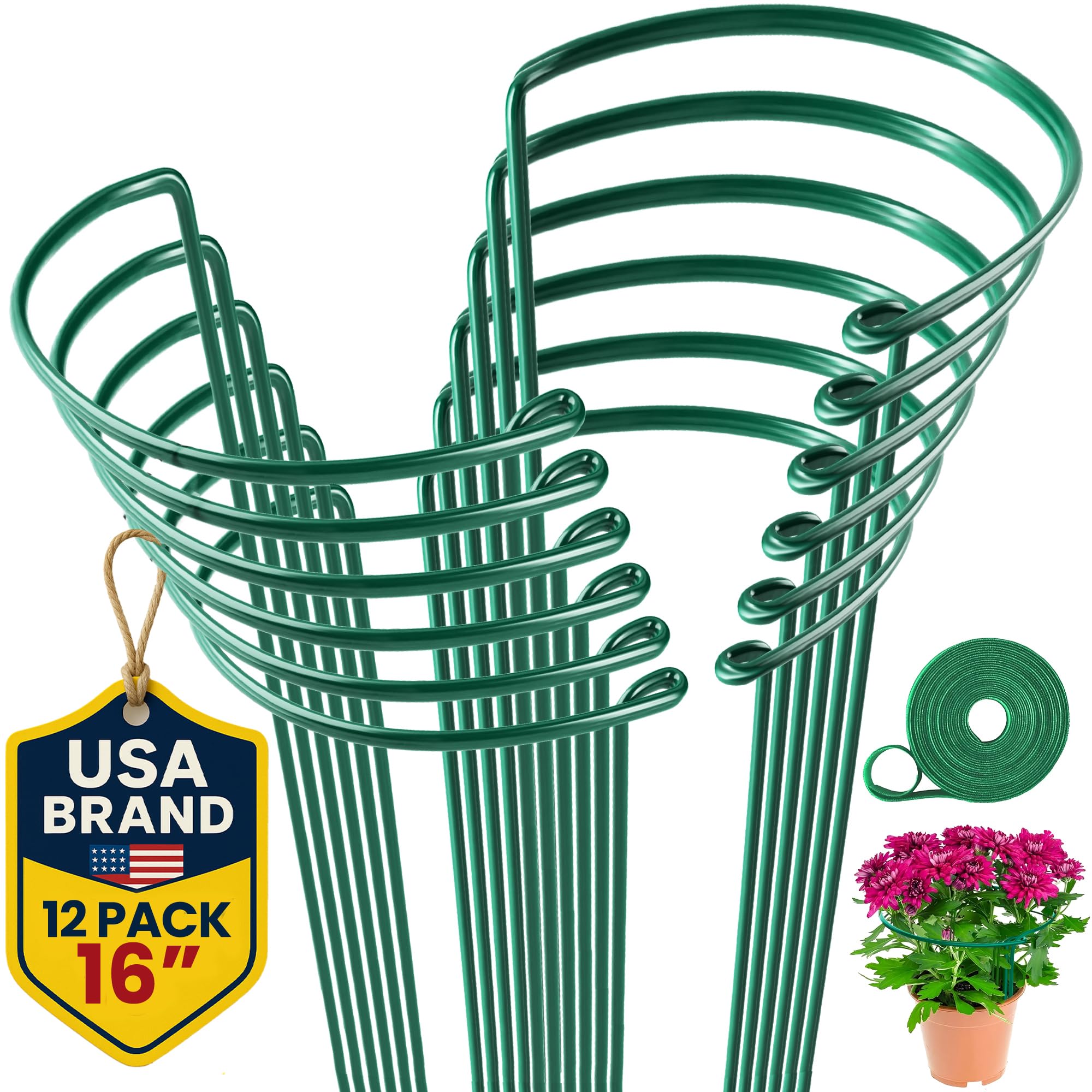K-Brands 12 Pack Plant Support Stakes, Heavy-Duty Half Round Peony Support Ring and Cage for Indoor and Outdoor Plants, Peony, Tomato, Hydrangea, Rose 10" Wide x 16" High