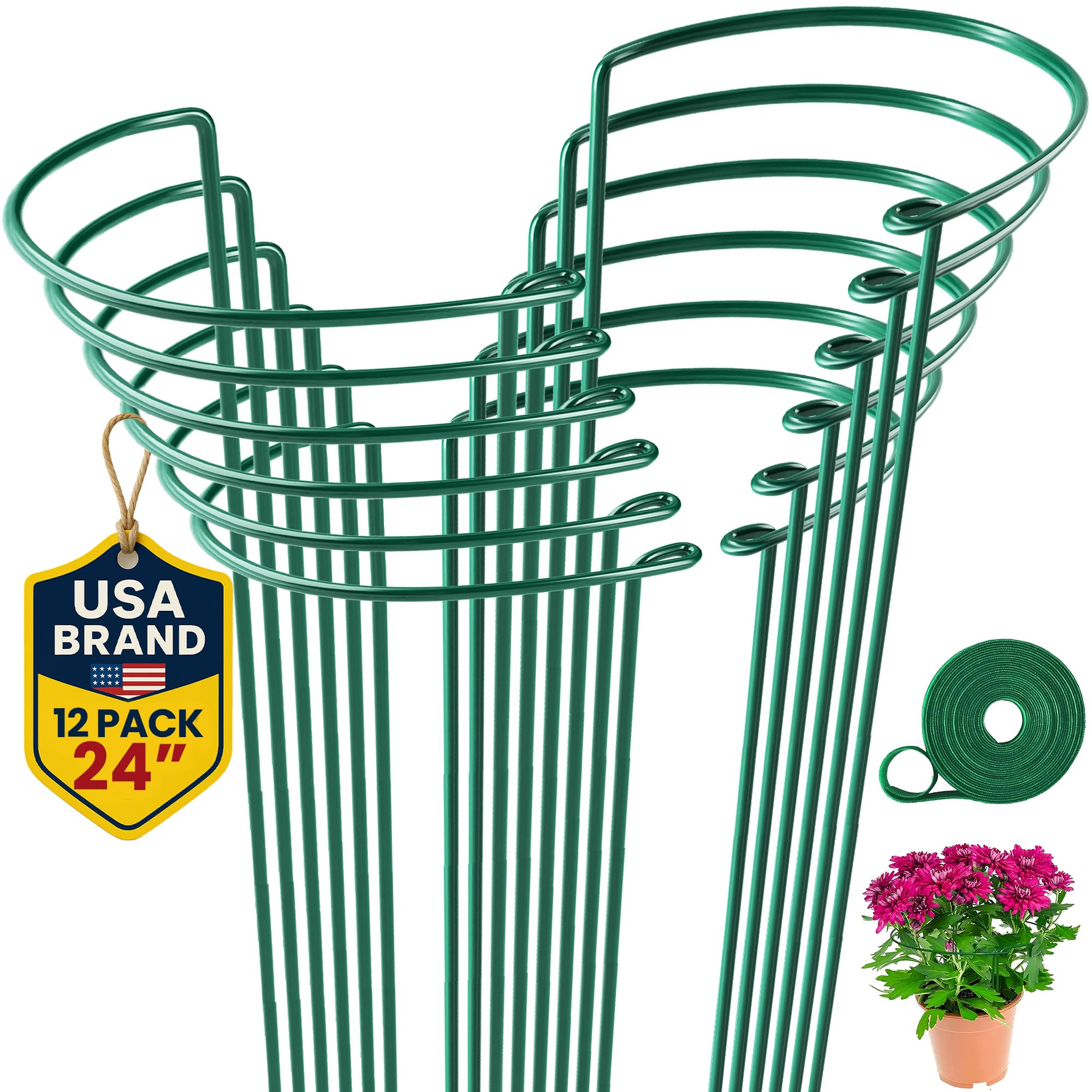 12 Pack Tall Snake Plant Support Stakes, 10" W x 24" H Half Round Peony Cages and Supports for Indoor and Outdoor Plants, Plant Cage Ring Support for Flower - Peony, Tomato, Hydrangea, Rose Bush