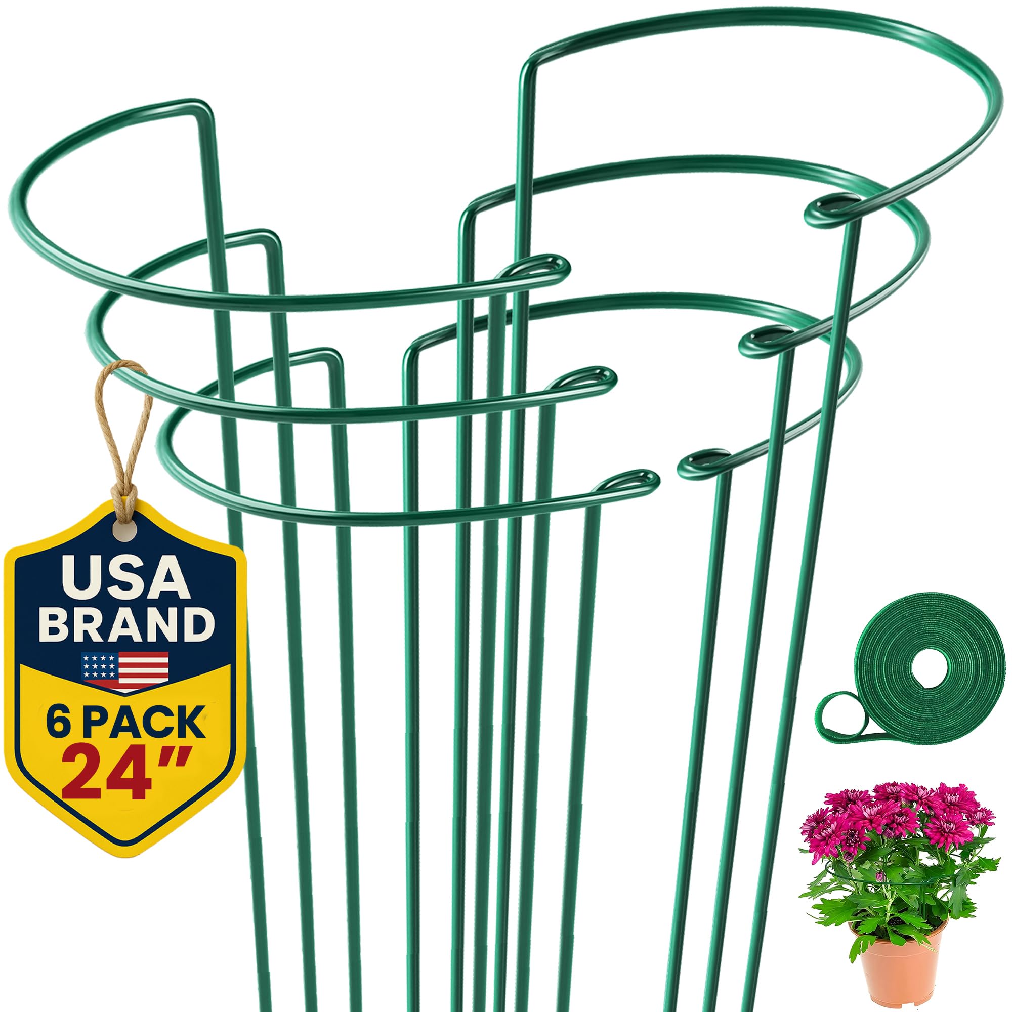 K-Brands Tall Plant Support Stakes, 10"W x 24"H Half Round Peony Cages and Supports for Indoor and Outdoor Plants, Plant Cage Ring Support for Flower - Peony, Tomato, Hydrangea, Rose Bush (6 Pack)