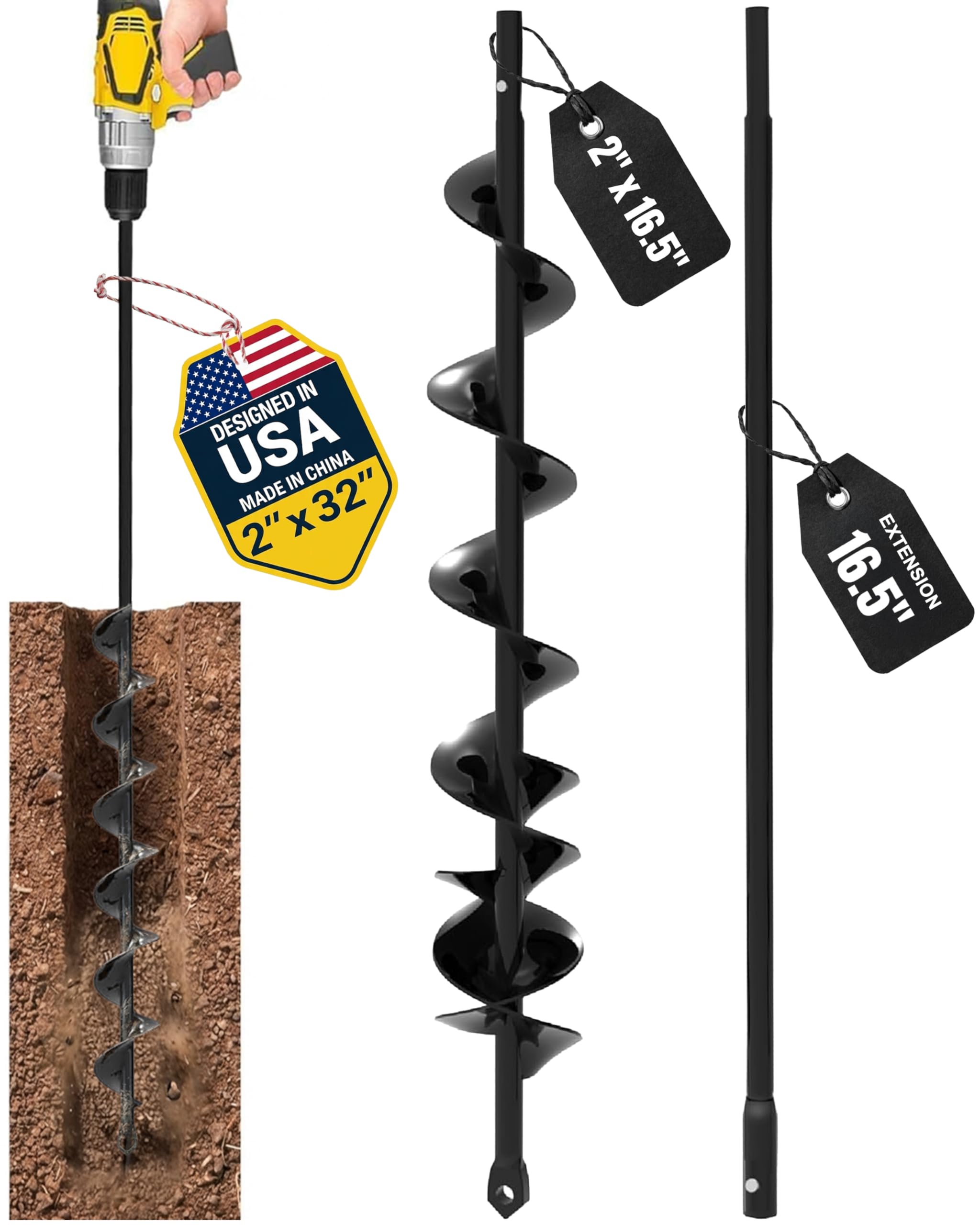 Auger Drill Bit for Planting 2x32'' - with Extension -3/8'' Hex Drive Drill