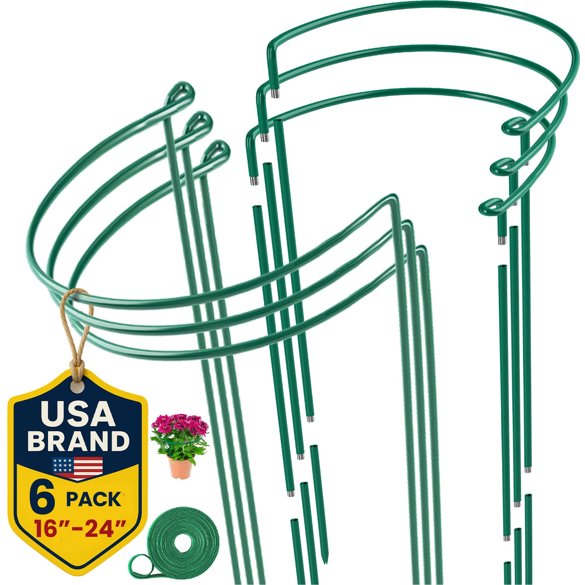 6 Pack Plant Support Stakes, Peony Cages and Supports, 10" W x 16" - 24" H