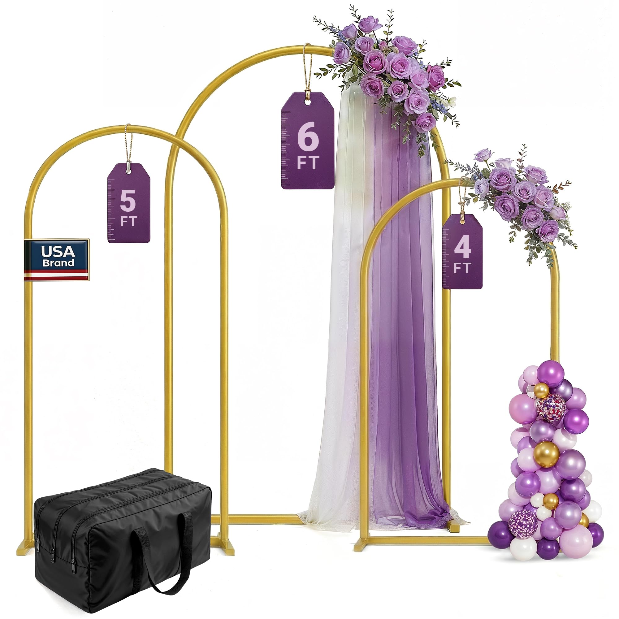 Gold Metal Arch Backdrop Stand Set of 3-6ft 5ft 4ft - Wedding Arch Frame