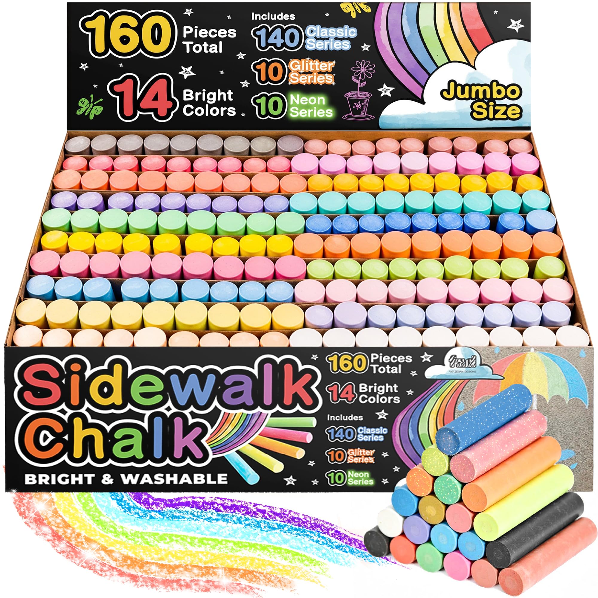 160 PCS Sidewalk Chalk for Kids, 14 Colors, Non-Toxic Washable Jumbo Chalks