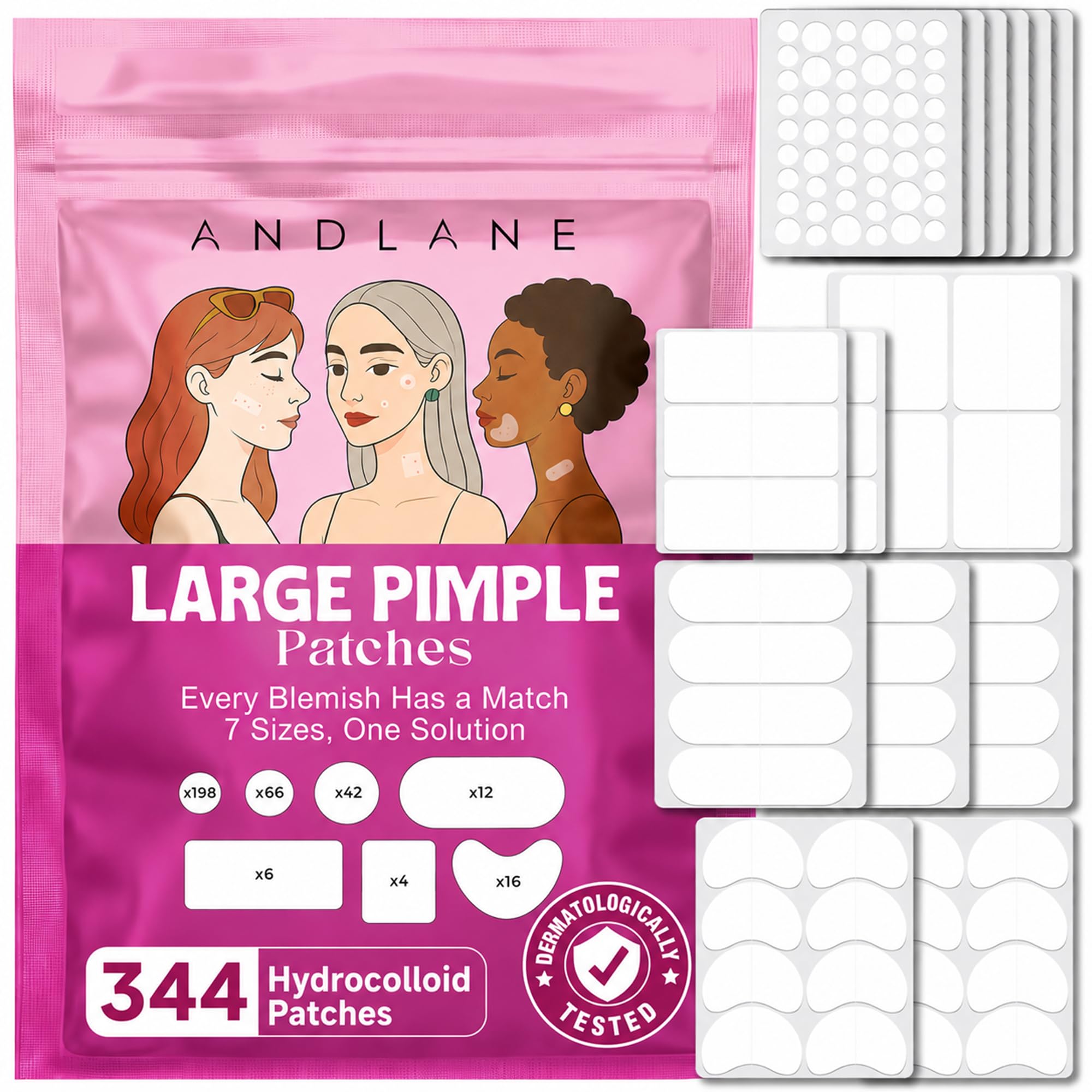 Andlane 344 Pcs Large Pimple Patches for Face, 7 Sizes XL Acne Patches