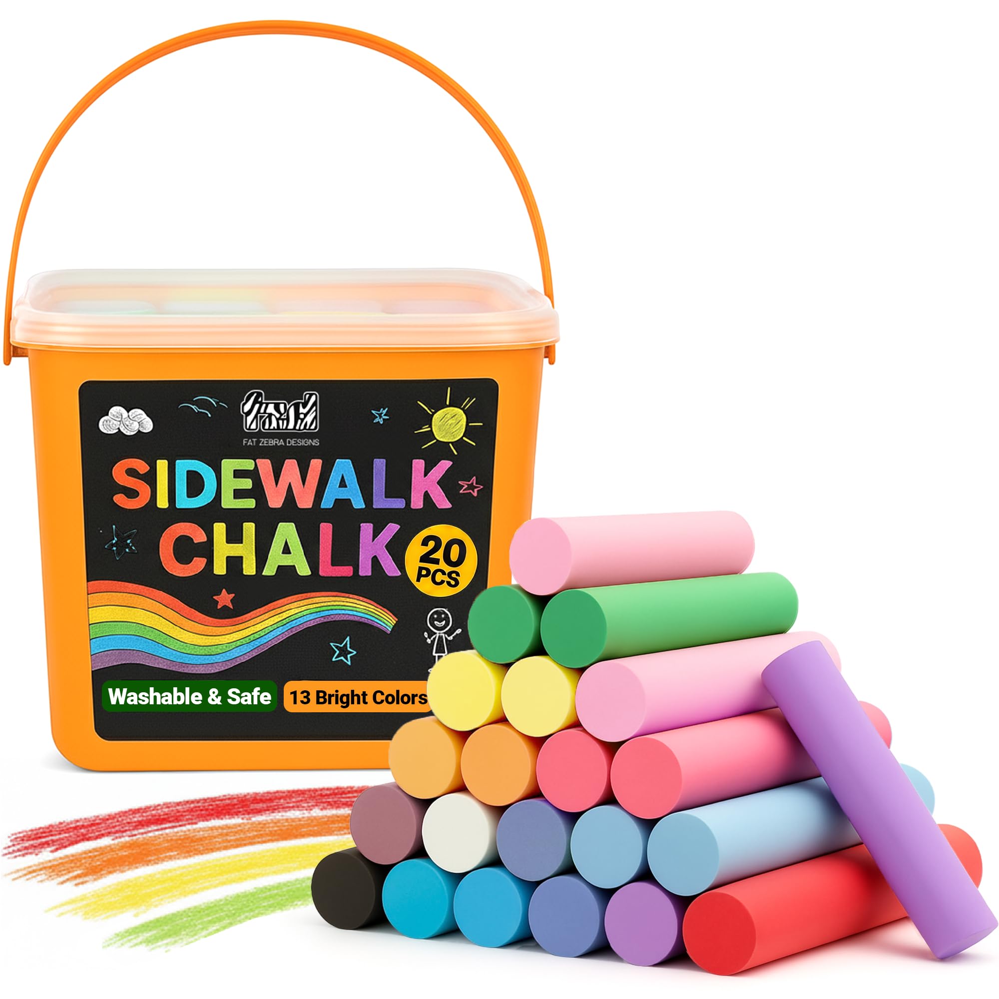 20 PCS Sidewalk Chalk for Kids - 13 Colors Bucket - Non-Toxic Washable Jumbo Chalks - Bulk Colored Set for Kids & Toddlers Outdoor Play, Chalkboard Art - Easy Carry & Mess-Free Storage