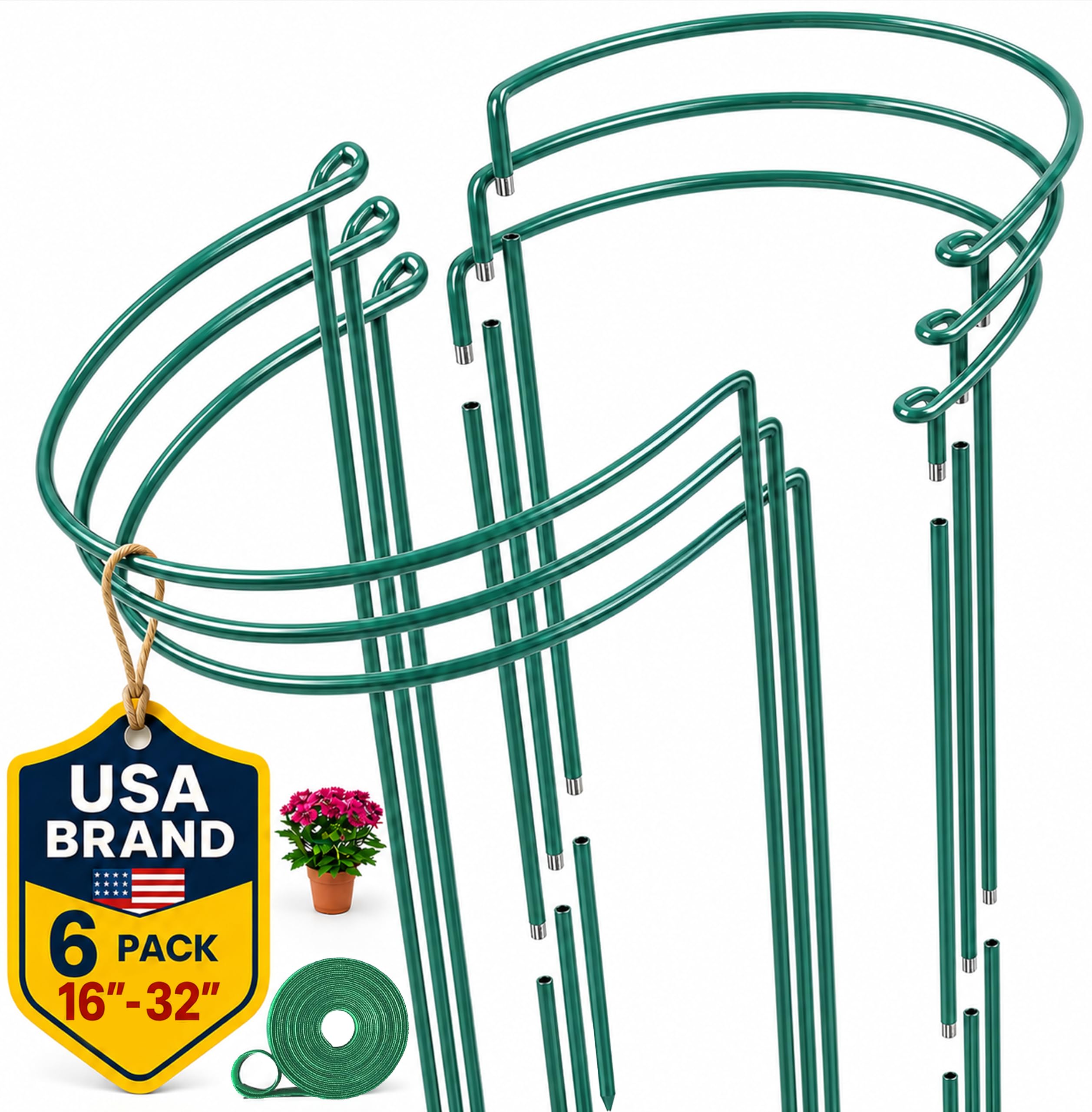 6 Pack Tall Plant Support Stakes, Peony Cages and Supports 10"W x 16" to 32"H